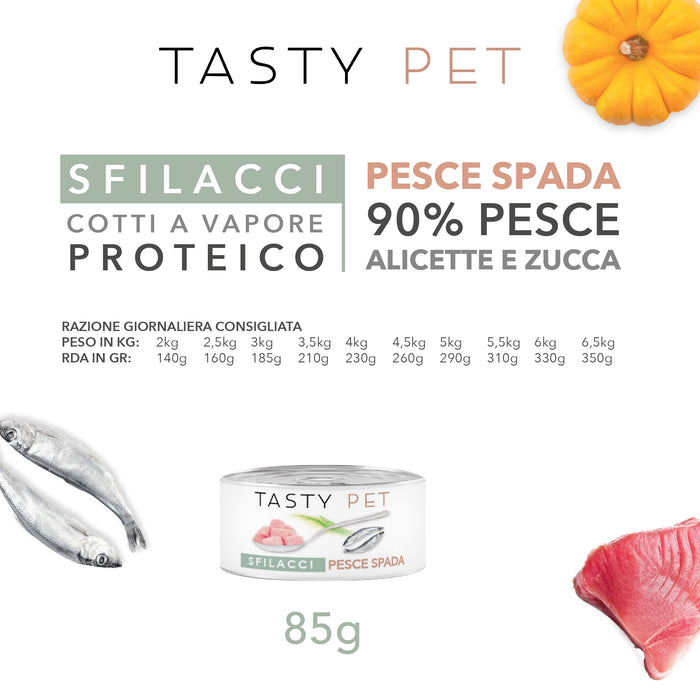 Tasty Pet Confezione di Alimento Completo Umido per Gatti - 5113 Sfilacci di Pesce spada Alicette e Zucca